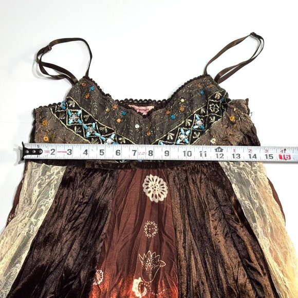 Vtg Y2K Papaya Patchwork Babydoll Dress Brown Beaded Lace Festival Eclectic Boho - Picture 9 of 16